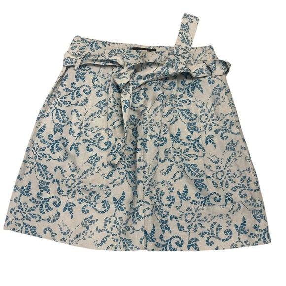 Sandro size 2,linen blend EUC Cream and Blue A-Line Mini Skirt with Tie Front - Picture 3 of 12